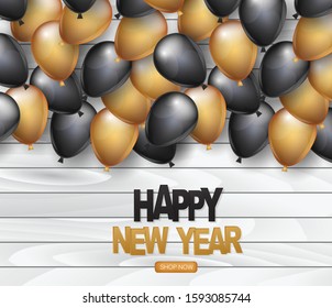 Happy New Year banner. Winter holiday design concept with golden, white and black balloons, wooden background with garland lights. Vector illustration.