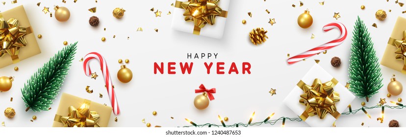 Happy New Year banner, Xmas sparkling lights garland with gifts box and golden tinsel. Horizontal Christmas posters, greeting cards, headers, website. Objects viewed from above. Flat lay, Top view