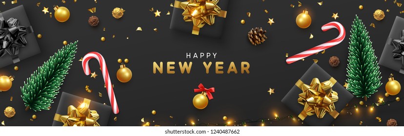 Happy New Year banner, Xmas sparkling lights garland with gifts box and golden tinsel. Horizontal Christmas posters, greeting cards, headers, website. Objects viewed from above. Flat lay, Top view