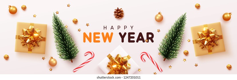 Happy New Year banner, Xmas decorative design elements with gifts box and golden tinsel. Horizontal Christmas posters, greeting cards, headers, website. Objects viewed from above. Flat lay, Top view