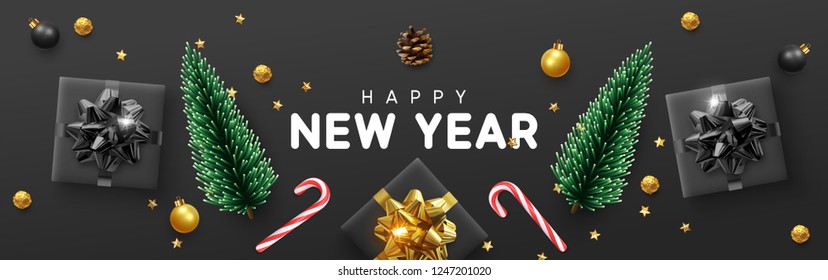 Happy New Year banner, Xmas decorative design elements with gifts box and golden tinsel. Horizontal Christmas posters, greeting cards, headers, website. Objects viewed from above. Flat lay, Top view