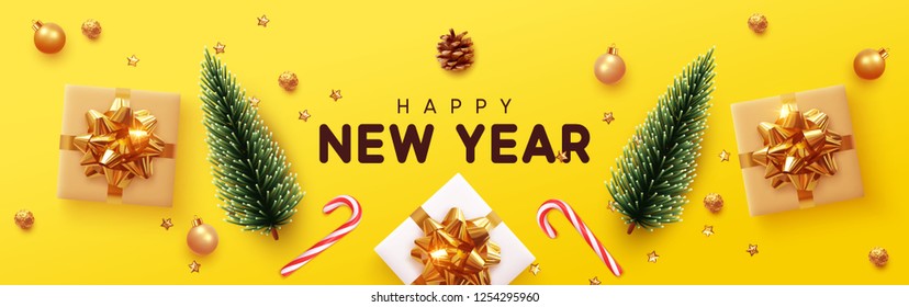 Happy New Year banner, Xmas decorative design elements with gifts box and golden tinsel. Horizontal Christmas posters, greeting cards, headers, website. Objects viewed from above. Flat lay, Top view