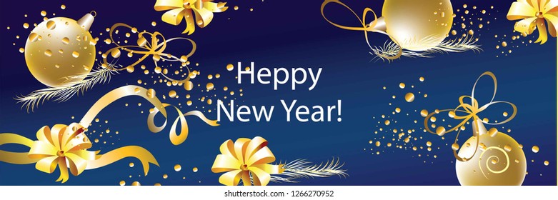 Happy New Year banner, Xmas sparkling lights garland with and golden tinsel. Horizontal Christmas posters, greeting cards, headers, website. Objects viewed from above. 