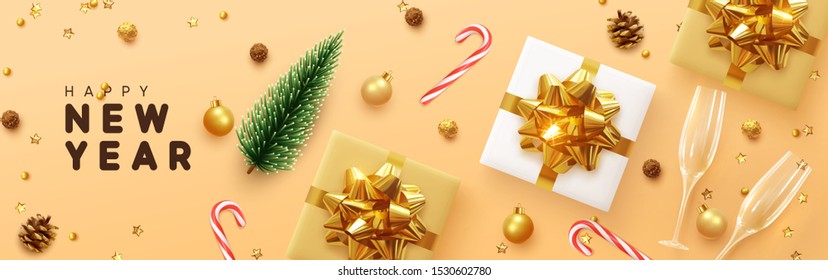 Happy New Year banner, Xmas sparkling gold star with gifts box and golden tinsel realistic glasses. Horizontal Christmas posters, greeting cards, headers, website. Objects viewed from above. Flat lay