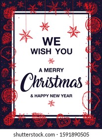 Happy New Year banner. Xmas  horizontal Christmas posters, greeting cards, headers, website. Vector modern vintage hand drawn Christmas card template with various seasonal shapes. Unique hand drawn.