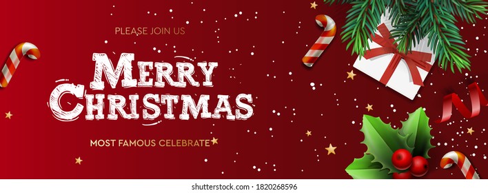 Happy New Year banner, Xmas with gifts box, green pine branches, candy stick and holly berry. Horizontal Christmas posters, greeting cards, headers, website. Vector illustration