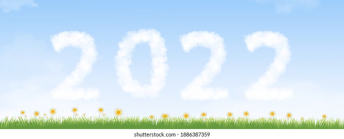 Happy new year banner,fluffy 2022 clouds on blue sky and green grass landscape.Vector calendar,Typography text 2022 font on Spring field,daisy flower, meadow and morning sky background. 