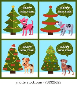 Happy New Year banners with dotted puppies under Christmas trees set of vector illustration greeting cards on green background, merry wishes