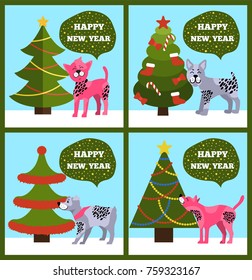 Happy New Year banners with dotted puppies under Christmas trees set of vector illustration greeting cards on green background, merry wishes