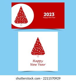 Happy New Year banners. Greeting card design with unusual red and white Christmas trees from holes. Festive cartoon illustration