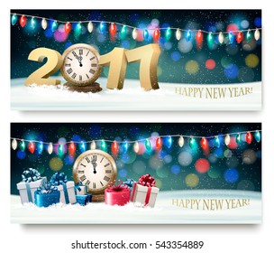 Happy New Year banners with presents and fireworks. Vector.