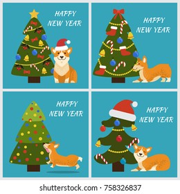Happy New Year banners set with tree decorated by hat of Santa Claus, garlands and bows with bells, playful dog isolated on blue vector illustration
