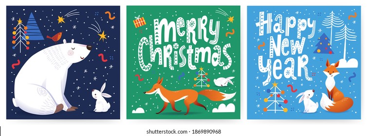 Happy New Year  banners or  social media covers with cute animals characters and Nordic decorative lettering in scandic style. Cool decorative Christmas winter design, great for any print options. 