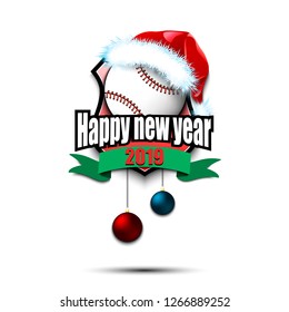 Happy new year. Baseball logo template design. Baseball ball with santa hat. Pattern for banner, poster, greeting card, party invitation. Vector illustration