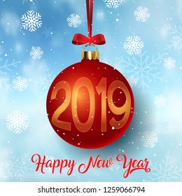 Happy New Year bauble on a snowflake background
