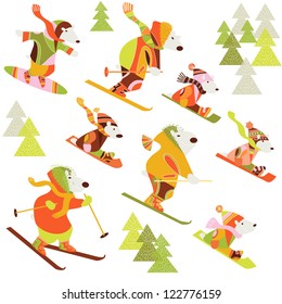 Happy New Year. Bear characters engaged in winter sports and recreation