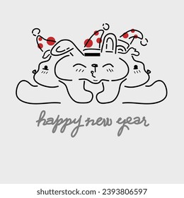 Happy New Year bear rabbit friend polka dot red animal doodle cartoon greeting card.