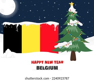 Happy new year in Belgium with Christmas tree and snow, banner or content design idea, Belgium flag with pine tree, new year celebration idea, sky with full moon and stars, vector design