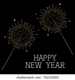 Happy New Year. Bengal light set. Christmas sparkler decoration firework. Fire stick. Shining lines and star sparcles. Round burning lights. Flat design. Black background Isolated. Vector illustration