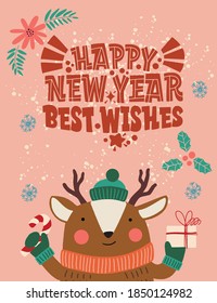 Happy new year best wishes. Deer in a hat and scarf with a gift in hand. Great lettering for greeting cards, stickers, banners, prints and home interior decor. Xmas card. Merry Christmas 2021.