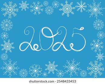 Happy New Year best wishes greeting card. Vector background 2025 with snowflakes of different shapes drawn by hand. vector illustration of festive blue background