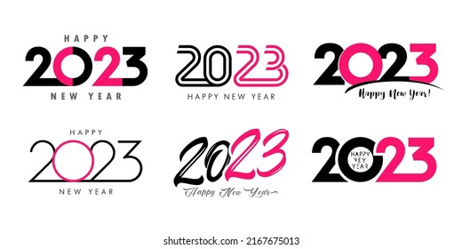 Happy New Year, big set of 2023 logo with pink text design. 20 23 number design template. Collection symbols 2023 Happy New Year. Vector illustration with creative labels isolated on white background