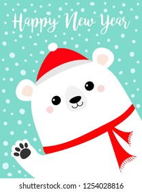 Happy New Year. Big white polar bear waving hand paw print. Red hat, scarf. Merry Christmas. Cute cartoon funny kawaii baby character. Greeting Card. Flat design. Blue snow background. Vector