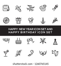 happy new year and happy birthday icon set outline