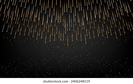 Happy New Year black background with gold fireworks. Celebrities glitter banner, greeting card, decorative element. Festive birthday party vector.