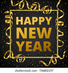 Happy New Year black background with golden serpentine streamers