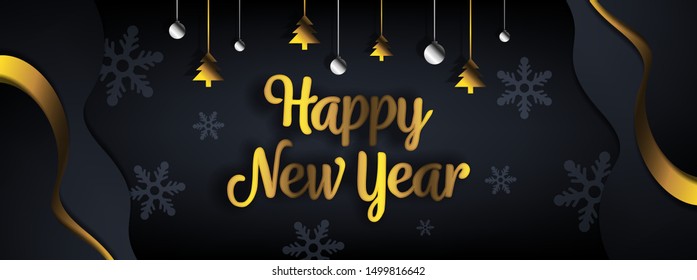 Happy New Year black banner design with gold silver colors paper cut style