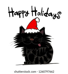 Happy New Year black christmas cat with red hat cap on the head. Animal design for celebration print invitation, post card. Infantile doodle cat for holiday party. 