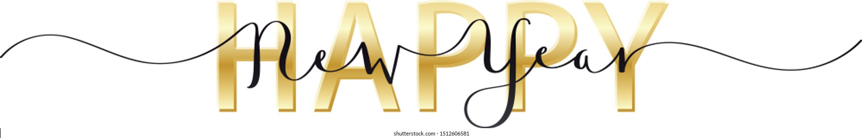 HAPPY NEW YEAR black and gold typography banner with brush calligraphy