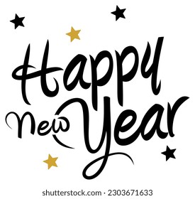 Happy New Year. Black and Gold Hand writing calligraphic lettering. White back.
New Year Greetings with Stars as vector Ornament.