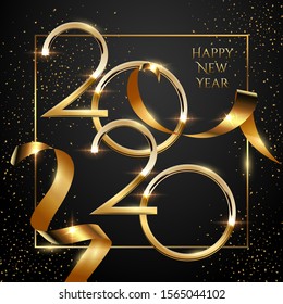 Happy new year black greeting card vector template. Festive christmas social media banner design with congratulations. Golden 2020 number in frame with confetti realistic illustration with typography