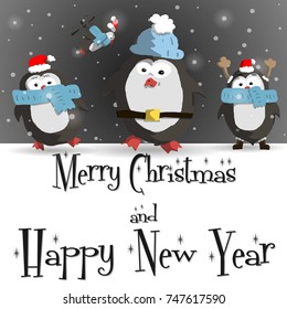 Happy New Year black greeting card with cute four penguins vector illustration