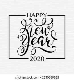 Happy New Year Black hand written lettering on grey seamless background. Happy New Year card design. Greeting card, invitation with happy New year 2020 and Christmas.