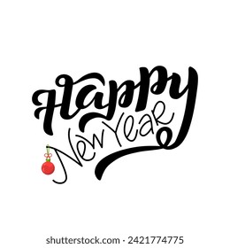 Happy New Year, schwarze Schrift auf weißem Hintergrund. Handgezeichnete Vektorgrafik mit Textdekor-Symbol für Grußkarte oder Dekoration und Werbung. Positives Feiertagsfest-Angebot für Poster oder Konzept