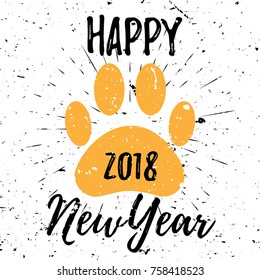 Happy New Year Black Lettering Typography with yellow dog footprint and burst on a Old Textured Background. Vector illustration for cards, banners, print.