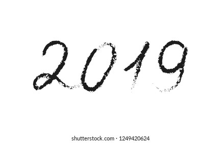 Happy New Year. Black number 2019 hand drawn lettering on white background. Vector illustration