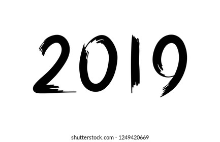 Happy New Year. Black number 2019 hand drawn lettering on white background. Vector illustration