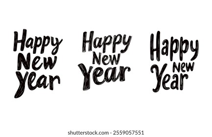 Happy New Year, black pencil texture. Hand drawn lettering isolated on white background. Vertical vector composition for card or merch