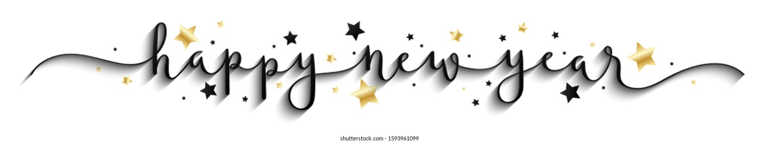 HAPPY NEW YEAR black vector brush calligraphy banner with stars