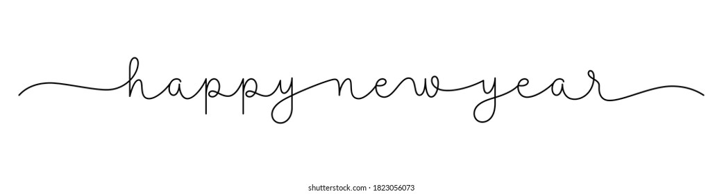 HAPPY NEW YEAR black vector monoline calligraphy banner with swashes