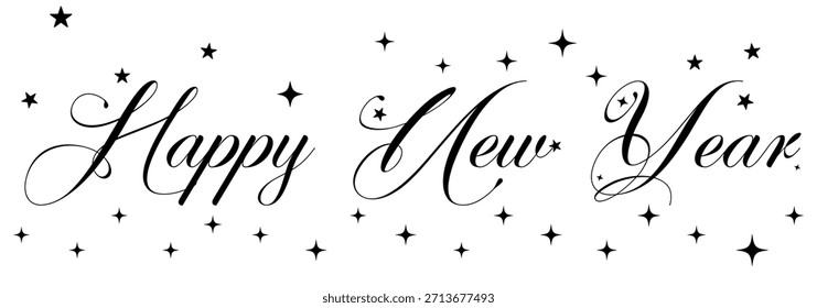 HAPPY NEW YEAR black vector brush calligraphy banner. Modern Minimalist Happy Holidays continuous line handwritten calligraphy, black with Christmas tree for Christmas Holiday New year, card, E-mail 