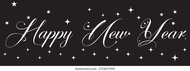 HAPPY NEW YEAR schwarzer Vektorpinsel Kalligraphie Banner. Moderne Minimalist Happy Holidays durchgehende Linie handgeschriebene Kalligraphie, schwarz mit Weihnachtsbaum für Weihnachten Feiertag Neues Jahr, Karte, E-Mail 