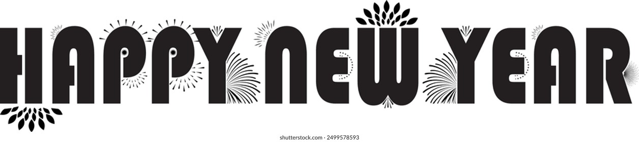 Happy New year black and white editable text object vector with Fireworks Usable for Banners, Greeting Card, gifts etc Set of happy New year logo and icons