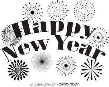 Happy New year black and white editable text object vector with Fireworks Usable for Banners, Greeting Card, gifts etc Set of happy New year logo and icons