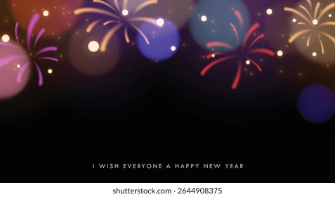 Happy new year blank clipart background. New year greeting text in empty space colorful bokeh and fireworks background clip art for holiday banner and poster template vector illustration.
