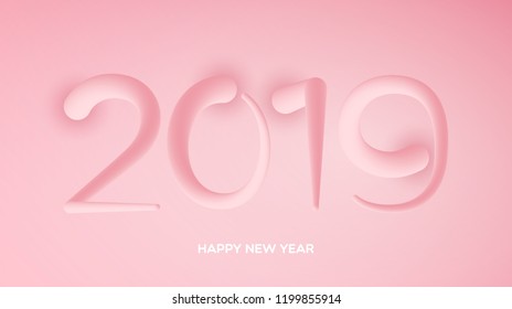 Happy New Year blended interlaced creative lettering. The Year of the Pig. Vector illustration of 2019 text made of abstract piggy tails for your poster, banner, invitation or greeting card design